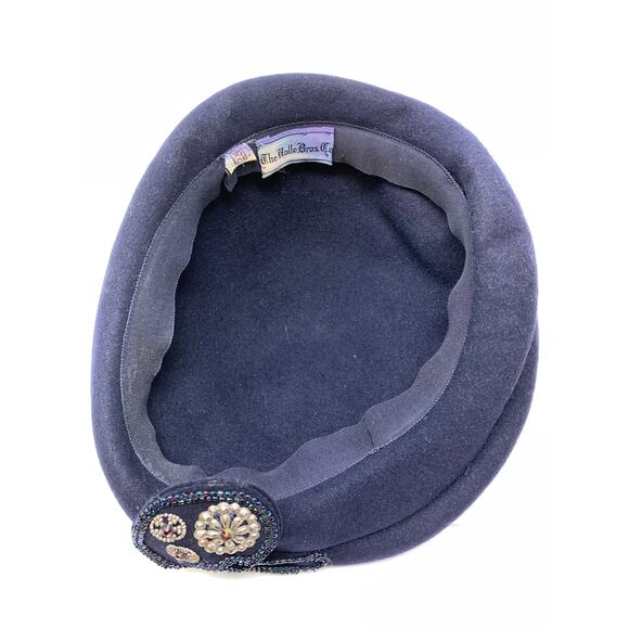 Vintage The Halle Bros Co Sculptural Hat Navy Blue Wool Beaded Front Detail main image 4